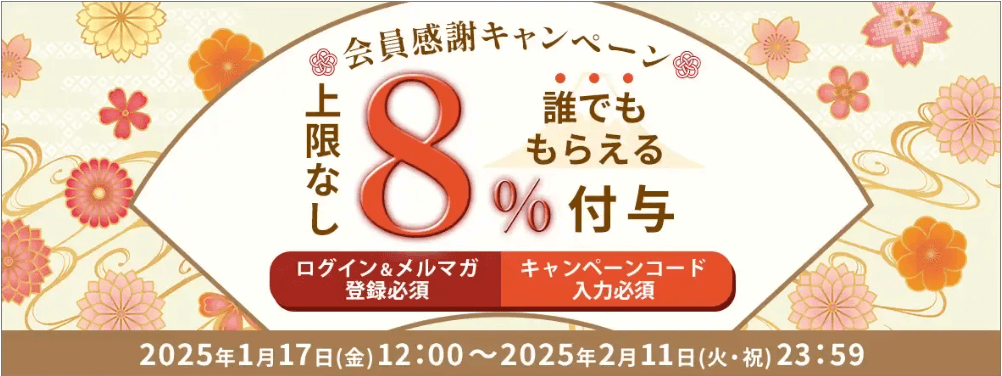 【上限なし8％付与】全員もらえる！会員感謝キャンペーン