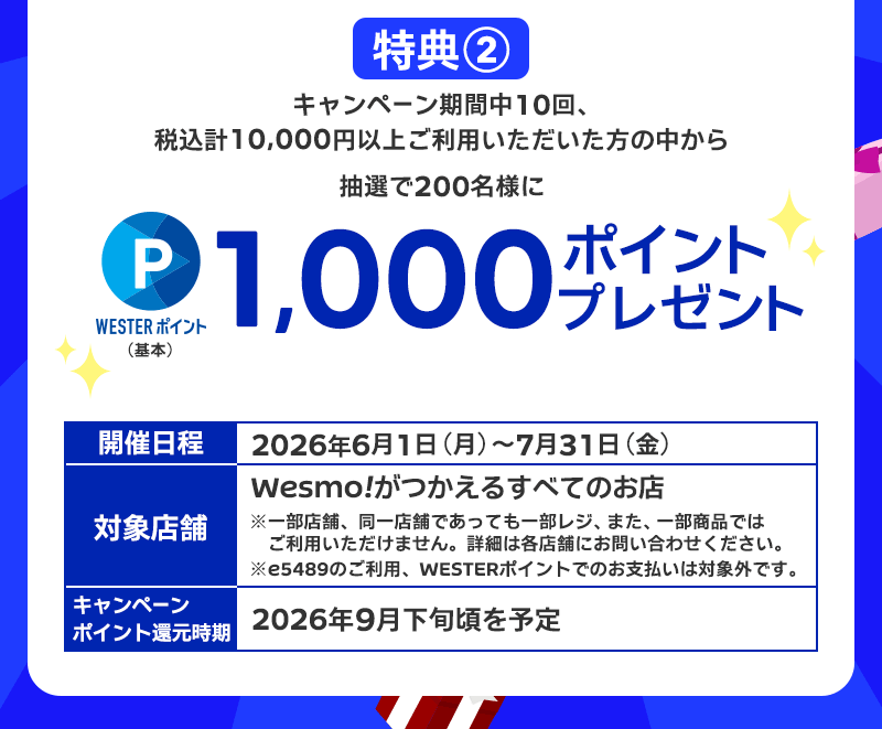 抽選でWESTERポイント（基本）1,000ptが当たる